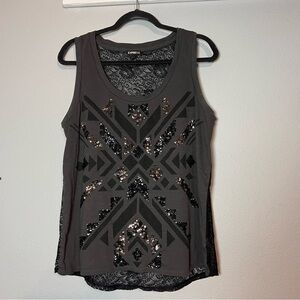Express Sequin Tank Top Gray Tribal Aztec Design Lace Back Size Large